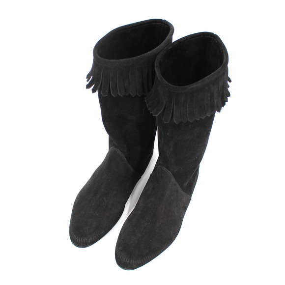 Jimmy Choo Wave Black Suede Fringe Trim Mid-Calf Moccasin Boots 37.5 Round Flats - Picture 2 of 7